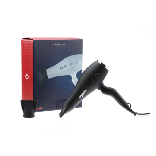 Фен DEWAL ERGOLIFE, черный софттач, вес 590гр, 2200Вт, ионизация, 2 нас, провод 3м