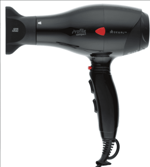 Фен DEWAL PRO PROFILE COMPACT, черный, 600гр, размер 19 см, 2000Вт, ионизация, 2 насадки, провод 2,8